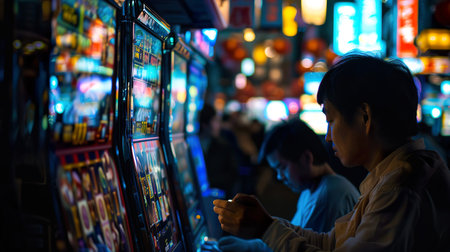 Late night slots players in a zone of focus and hope the digital reels spinning stories of what might beの素材