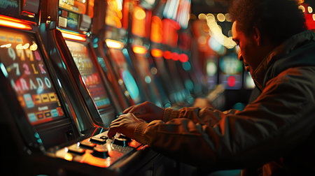 Video poker machines solitary focus players tapping buttons in rhythm searching for that winning handの素材