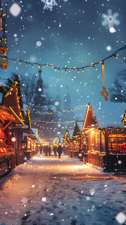 Festive holiday market snowflakes warm lights cheerful atmosphereの素材