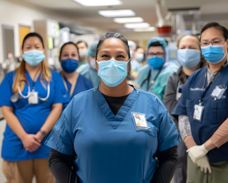 Healthcare professionals wearing masks solidarity in patient careの素材