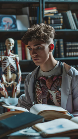 Medical student studying anatomy focused surrounded by books and modelsの素材
