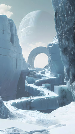 On a distant ice world explorers find a frozen alien city its architecture challenging our concepts of beauty and designの素材
