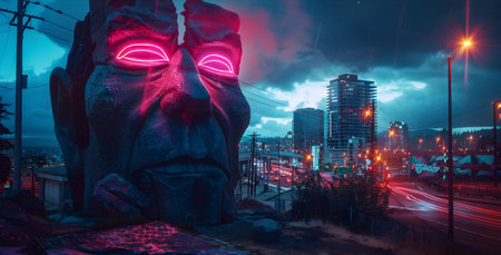A futuristic cityscape where the Fremont Troll has become the guardian of a portal to another dimension neon lights flickering in his eyesの素材