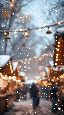 Festive holiday market snowflakes warm lights cheerful atmosphereの素材