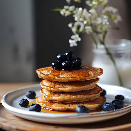 Oatmeal pancakes, blueberries, maple syrup, wholesome weekend brunchの素材
