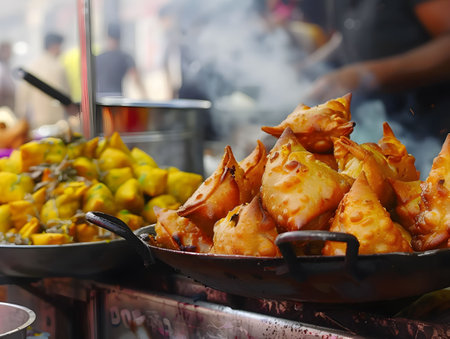 Street food in Delhi, chaat and samosas, vibrant and bustling sceneの素材