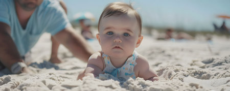 Babys first beach day, toes in the sand, mom and dads watchful eyesの素材