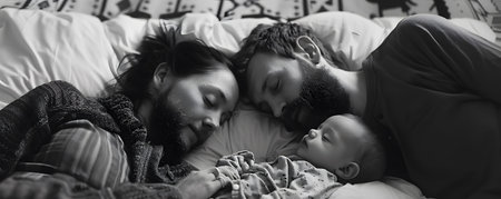 Familys lazy Sunday, cuddles in bed, babys content sighsの素材