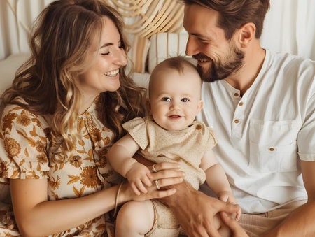Mom, dad, and babys matching outfits, family unity, adorable trioの素材