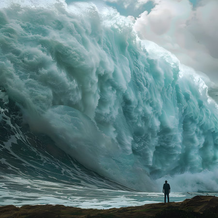 Giant wave looming overhead, inevitable crash, frozen in fearの素材
