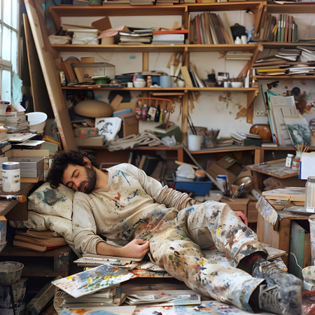 Sleepy artist in a cluttered studio, resting amid creative chaosの素材