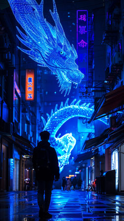 Digital Dragon, Electric blue glow, Roaming through urban landscape, Clear night sky, Photography, Silhouette lighting, Chromatic Aberrationの素材