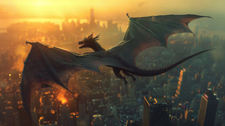 Dragon, scales, majestic creature, soaring above a bustling cityscape, blending in with sleek skyscrapers, bringing a sense of mystique and wonder, 3D render, Backlights, Vignetteの素材
