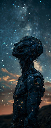 Cyborg, synthetic parts, self-awareness, gazing at a starry sky, peaceful night setting, photography, silhouette lighting, bokeh effectの素材