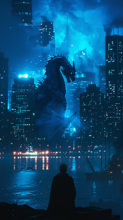 Digital Dragon, Electric blue glow, Roaming through urban landscape, Clear night sky, Photography, Silhouette lighting, Chromatic Aberrationの素材