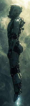 Robotic Companion, Mechanical Suit, Pondering existence, Standing at the edge of a digital abyss, Backlights, Photography, Lens Flareの素材