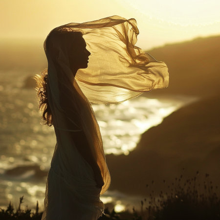 Coastal traveler, wind-whipped scarf, chasing waves, cruising along a scenic coastal road overlooking the ocean, photography, backlighting, with a bokeh effectの素材
