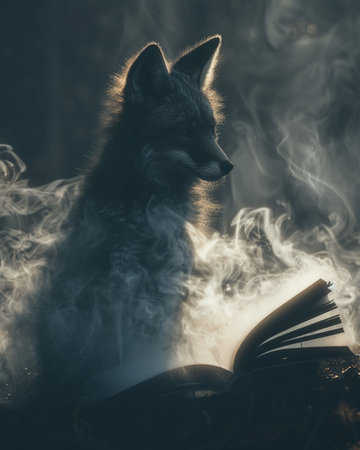 Mysterious Fox, mist, mystical creature coming out of a book, captivating the readers attention, fantasy setting, 3D render, Backlights, Vignetteの素材