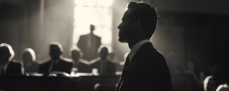 Courtroom drama, lawyers persuasive argument, silence hangingの素材