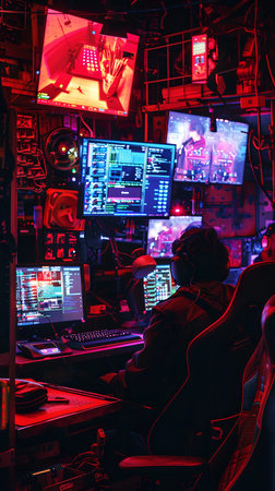 Cyberpunk hackers den, screens aglow, digital rebellionの素材