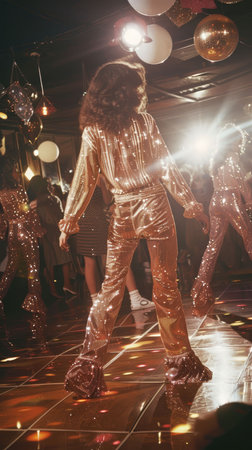 1970s space disco, glittering dance floor, DJs from across the galaxy, neon lightsの素材