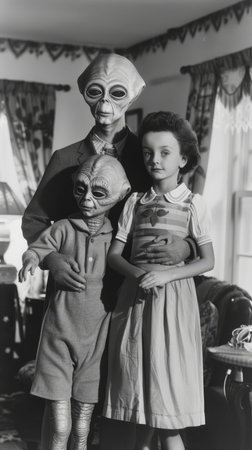 Classic 1950s alien sitcom set, humorous daily life with an extraterrestrial familyの素材