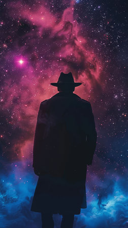 Old-fashioned cosmic detective, trench coat and fedora, solving mysteries in the galaxyの素材