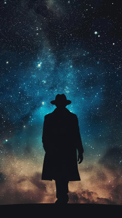 Old-fashioned cosmic detective, trench coat and fedora, solving mysteries in the galaxyの素材
