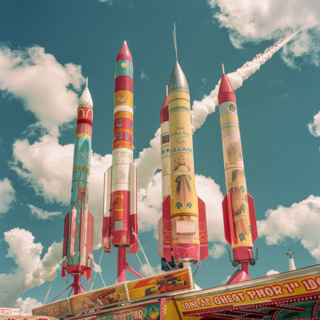 Classic space carnival, retro rockets as rides, cotton candy cloudsの素材
