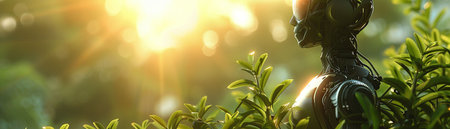 AI Companion, Holographic Projection, A utopian world, where machines and humans coexist, surrounded by lush greenery, 3D Render, Sunlight, HDRの素材