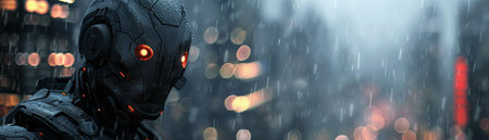 Robot, Metal Armor, Futuristic Technology, Urban Cityscape, Rainy, Photography, Backlightsの素材