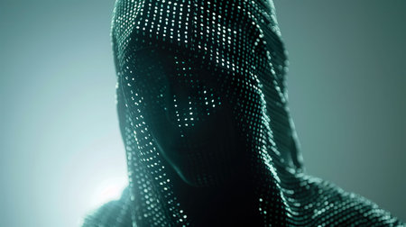 Data Detective, Binary Code Cloak, Solving mysteries in the digital realm, Overcast, Realistic, Silhouette lighting, Motion Blur , Extreme close-up shotの素材