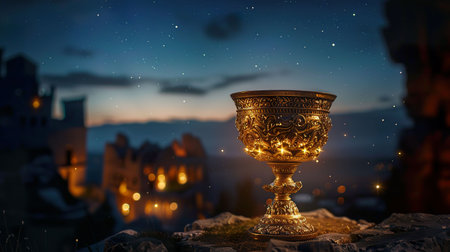 Chalice, Intricate design, Secretive whispers, Ancient ruins backdrop, Starry night sky, photography, Golden hour, Depth of field bokeh effect, Worms-eye viewの素材