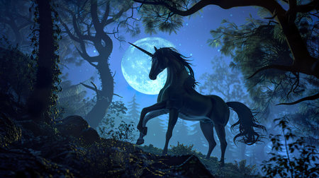 Enchanted forest, swirling mists, a majestic unicorn with a flowing mane under the moonlit sky 3D render Silhouette lighting Vignette, Wide-angle viewの素材