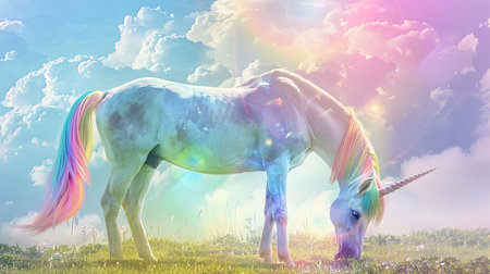 Ethereal unicorn, rainbow mane, gentle creature, grazing in a meadow under a cotton candy sky, soft watercolor painting, pastel colors, dreamy lighting, lens flare, Aerial viewの素材