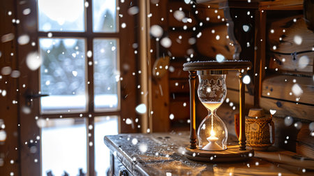 Hourglass, intricate glass design, symbolizing the passage of time, atop a wooden desk in a cozy cabin amidst falling snowflakes Photography, Backlights, Snowfall Effect, Side viewの素材