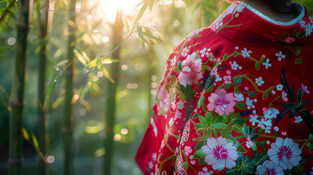 Kimono, Japanese, Intricate cherry blossom embroidery, Whispers of geishas and tea ceremonies, Amidst a serene bamboo grove, Photography, Backlights, Vignette, Rack focus viewの素材