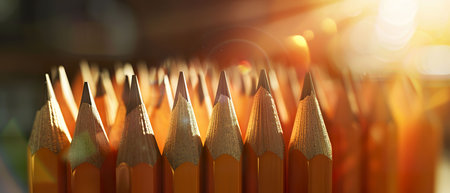 Enchanted pencils, manifestation of imagination in a laboratory, flickering with potential, 3D render, soft spotlight, lens flare, Tracking shot viewの素材