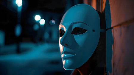 Hidden Identity, Mask, Intriguing, Immersed in the Mysteries of the Deep Web, Moonlit Night, Photography, Backlights, Side viewの素材