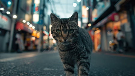 Mysterious cat, piercing eyes, wandering through a bustling metropolis, highlighting the changing concept of solitude Photography, Backlights, Tracking shot viewの素材