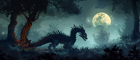 Pixelated Dragon, ancient mythology, influenced by popular video games, roaming through a mystical forest, under a full moon, digital art, silhouette lighting and motion blur, Point-of-view shotの素材