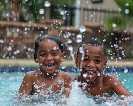 Family pool day, laughter and splashes, joy in the waterの素材
