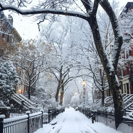 First snowfall of the season, quiet streets blanketed in white, magic awakensの素材