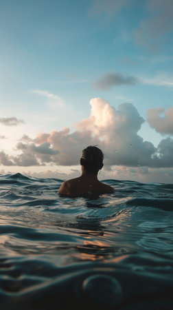 Open water swimming, the oceans vastness embraced, freedom feltの素材