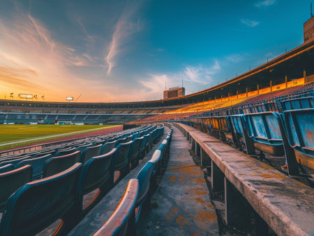 Storied football stadium at dawn, empty seats filled with echoes of cheersの素材