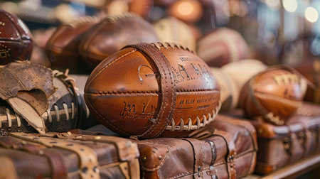 Vintage football memorabilia collection, history in leather and lace, legacy cherishedの素材