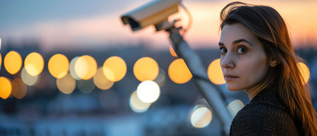 , Security Cameras, Woman looking over her shoulder nervously in a world where privacy is a luxury, Realistic, Golden Hour, Depth of Field Bokeh Effect, Crane shot viewの素材