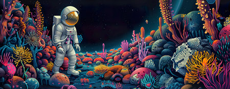 A lone astronaut discovering alien flora on a distant planet, vibrant and bizarre, a testament to the universe's wondersの素材