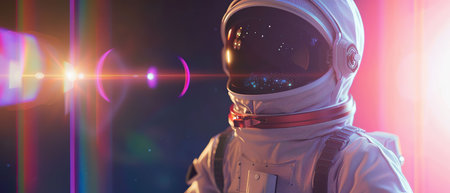Astronaut, Spacesuit, Lone explorer on distant planet, Digital era time capsule unveiling, 3D render, Silhouette lighting, Lens Flare, Extreme close-up shotの素材