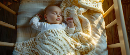 Clone Baby, Blanket, Social Impact, A newborn human clone peacefully sleeping in a crib Realistic, Golden Hour, Vignette, Birds-eye viewの素材